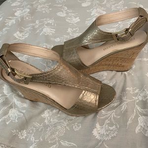 Franco Sarto gold cork wedges